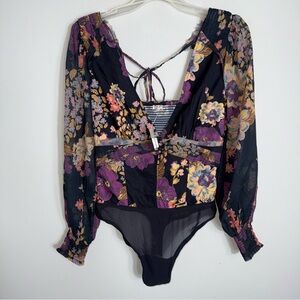 Intimately Free People Wanderlust Bodysuit-Long Sleeves-Black Floral-XS-NWT